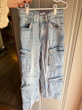 Girls 7/8 Denim & Co Light Wash Denim Cargo Carpenter Jeans/ Pants